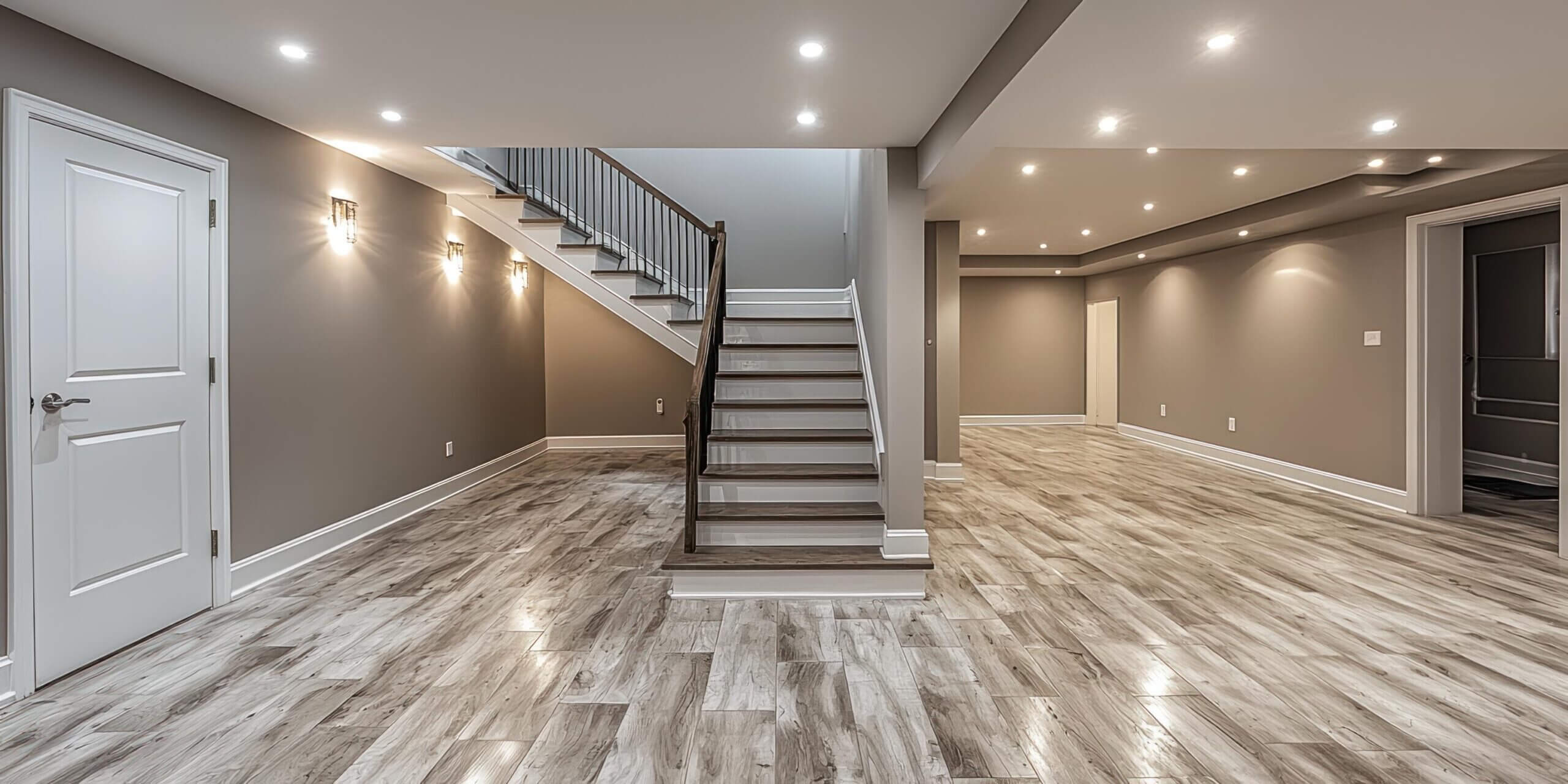 Modern finished basement with staircase and recessed lighting.