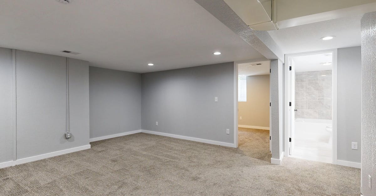 Empty basement room with neutral carpet and recessed lighting.
