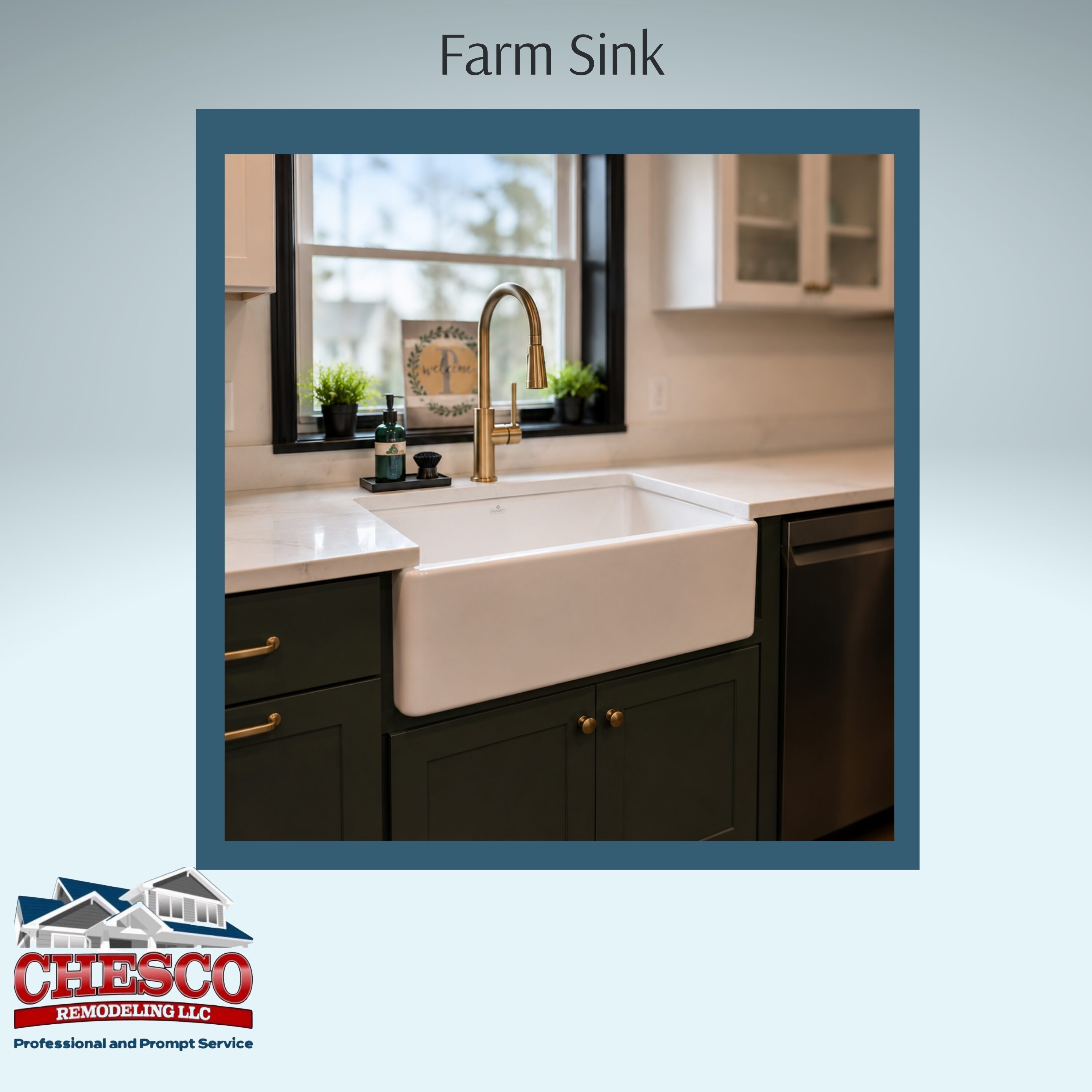 White farmhouse sink with brass faucet