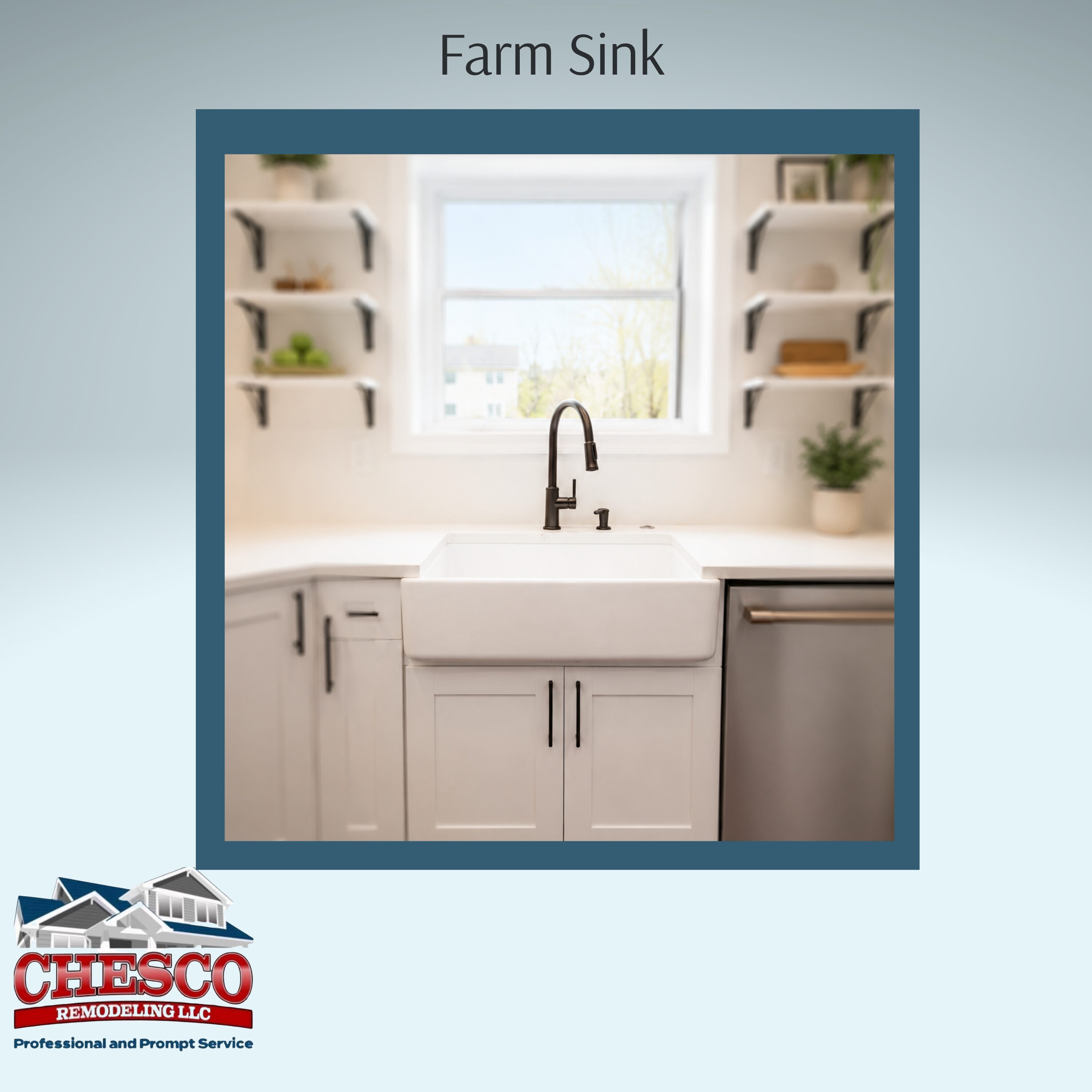 White farmhouse sink under window with faucet