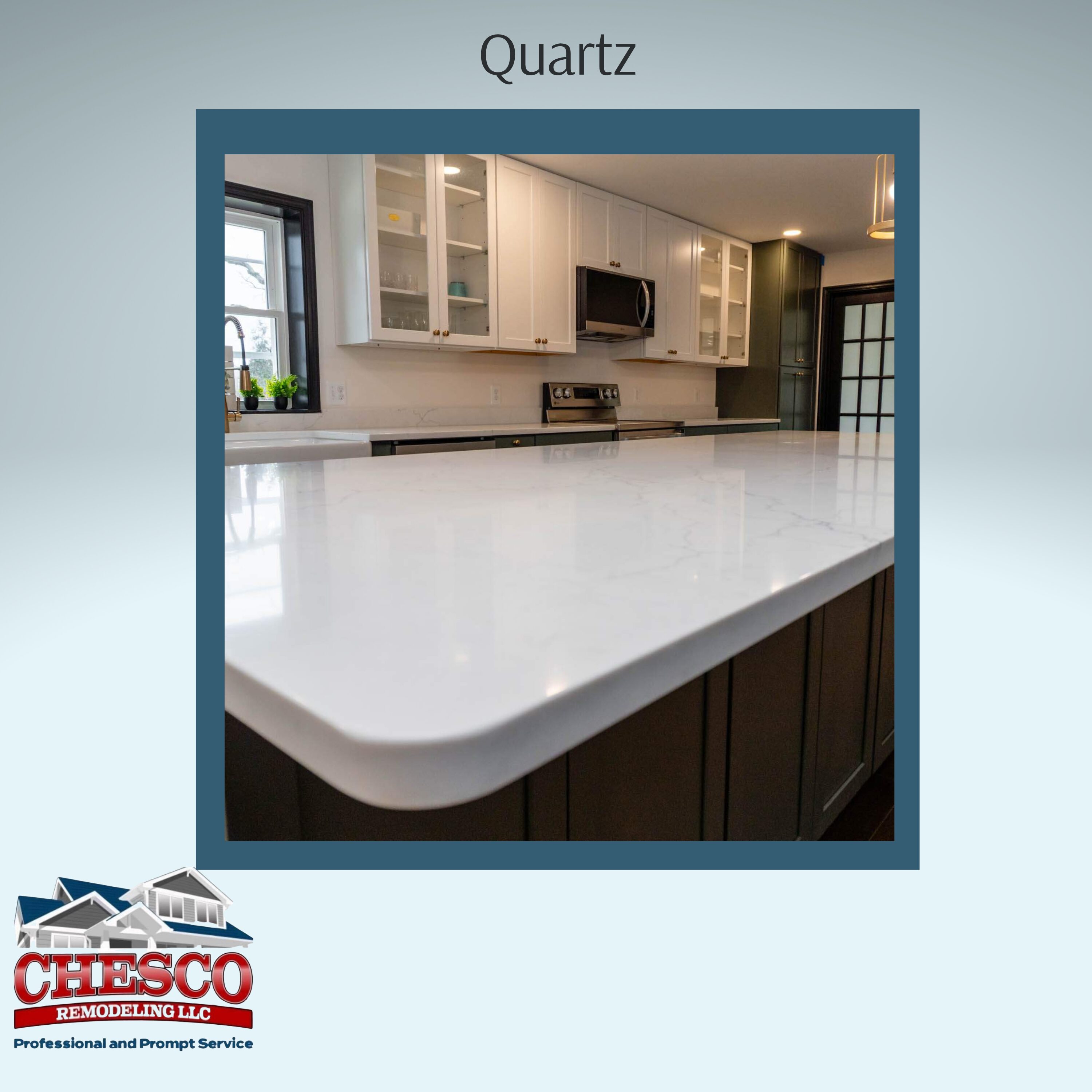 White quartz island countertop in modern kitchen