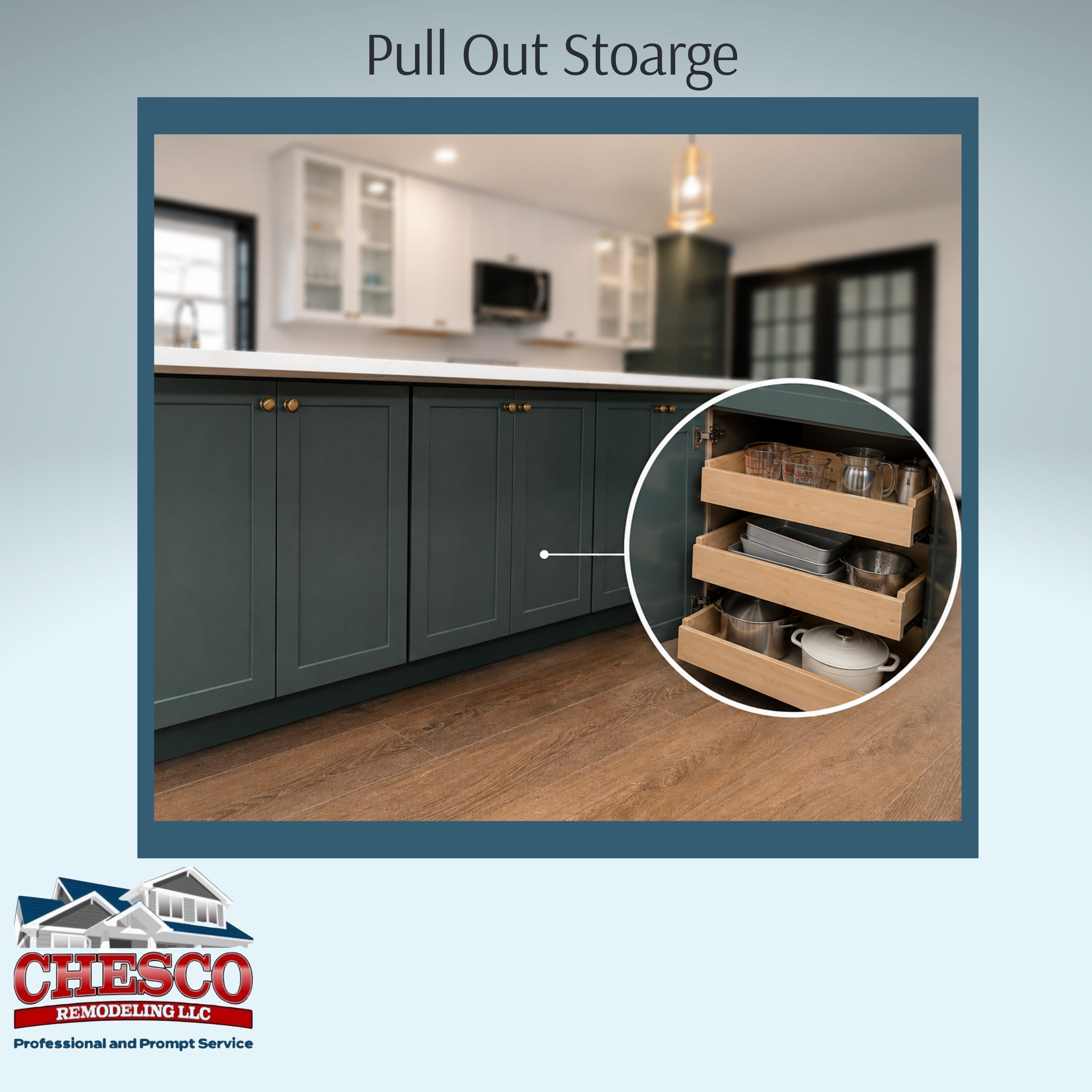 Green kitchen cabinets with pull-out storage