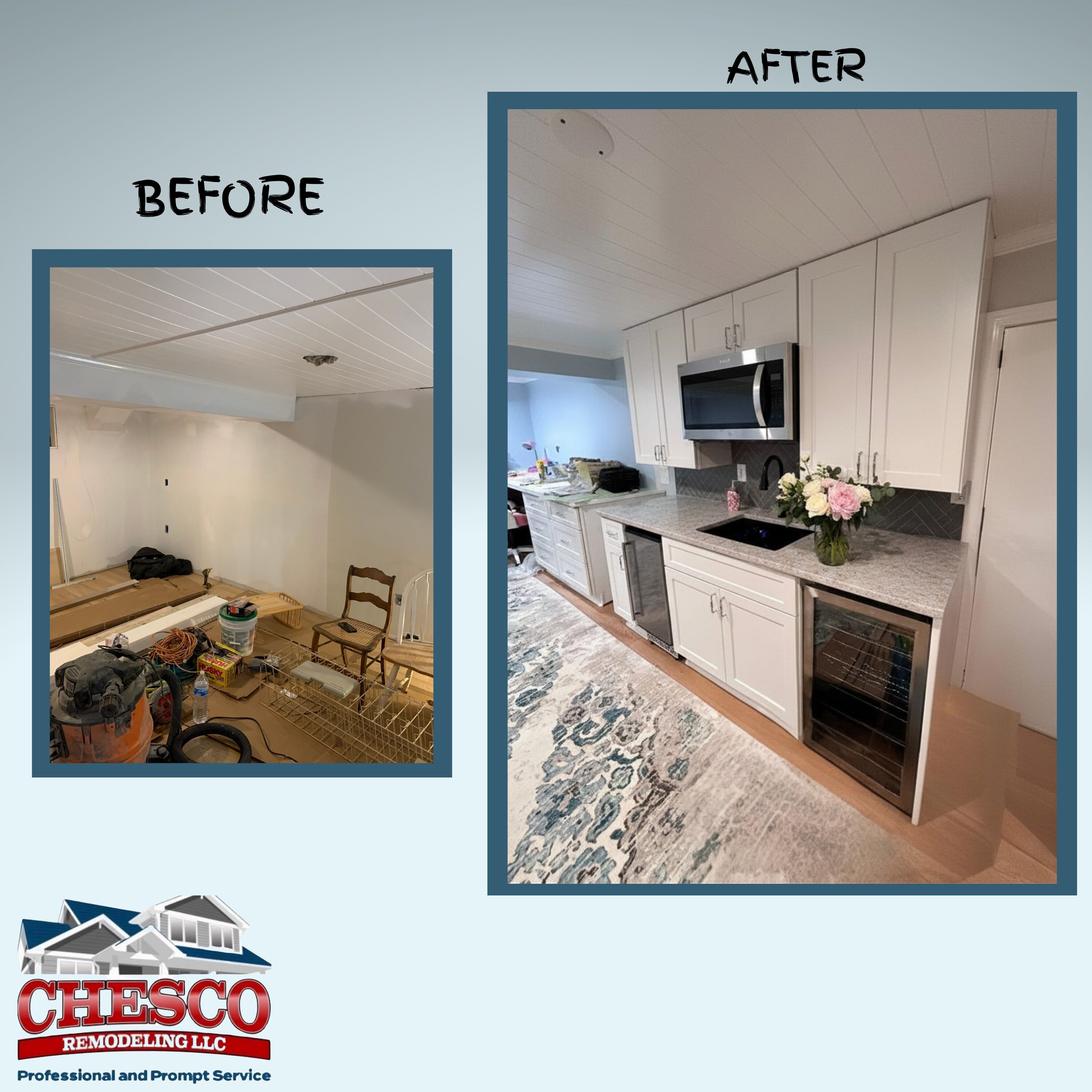 Before and after kitchen remodel with white cabinets