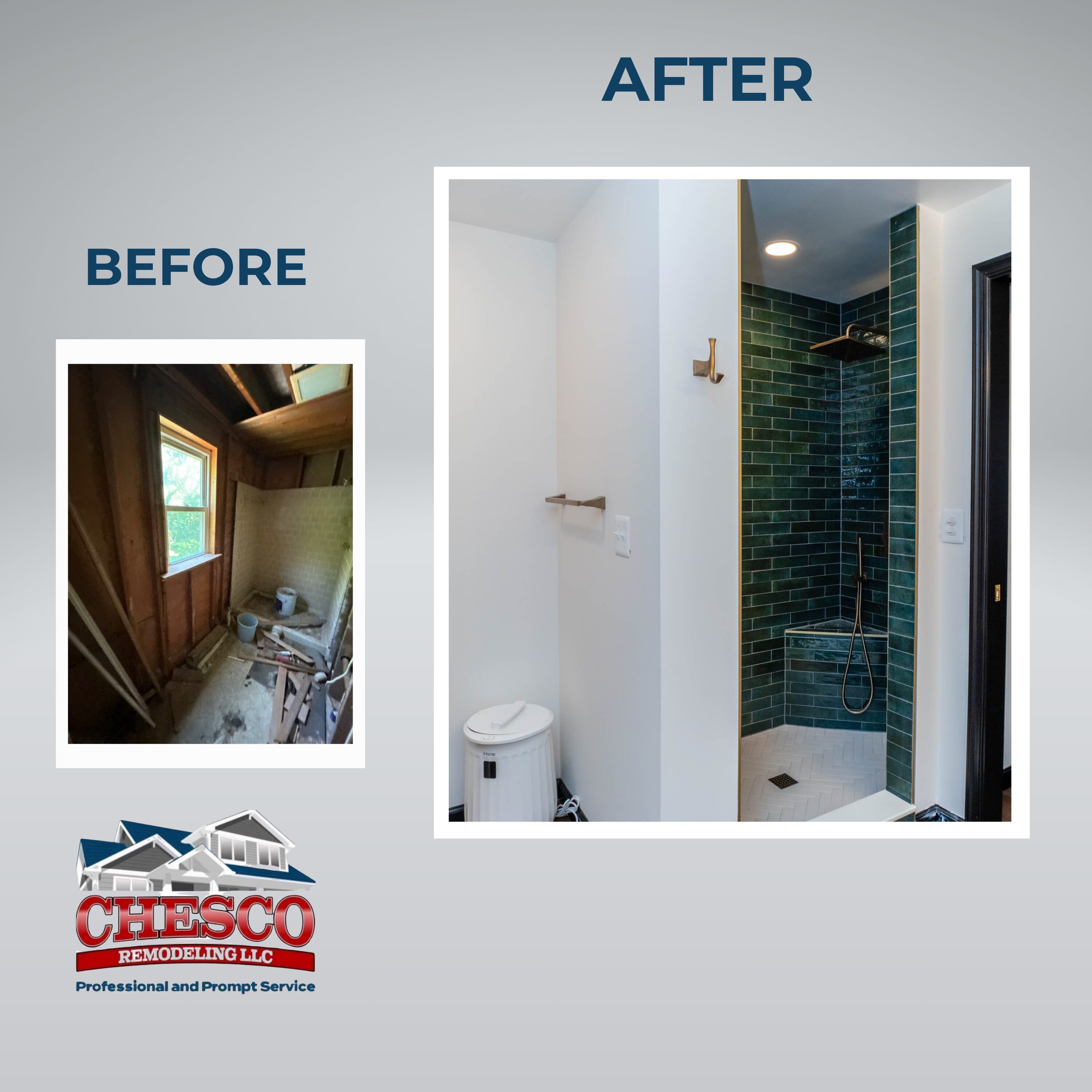 Before and after green tiled shower renovation
