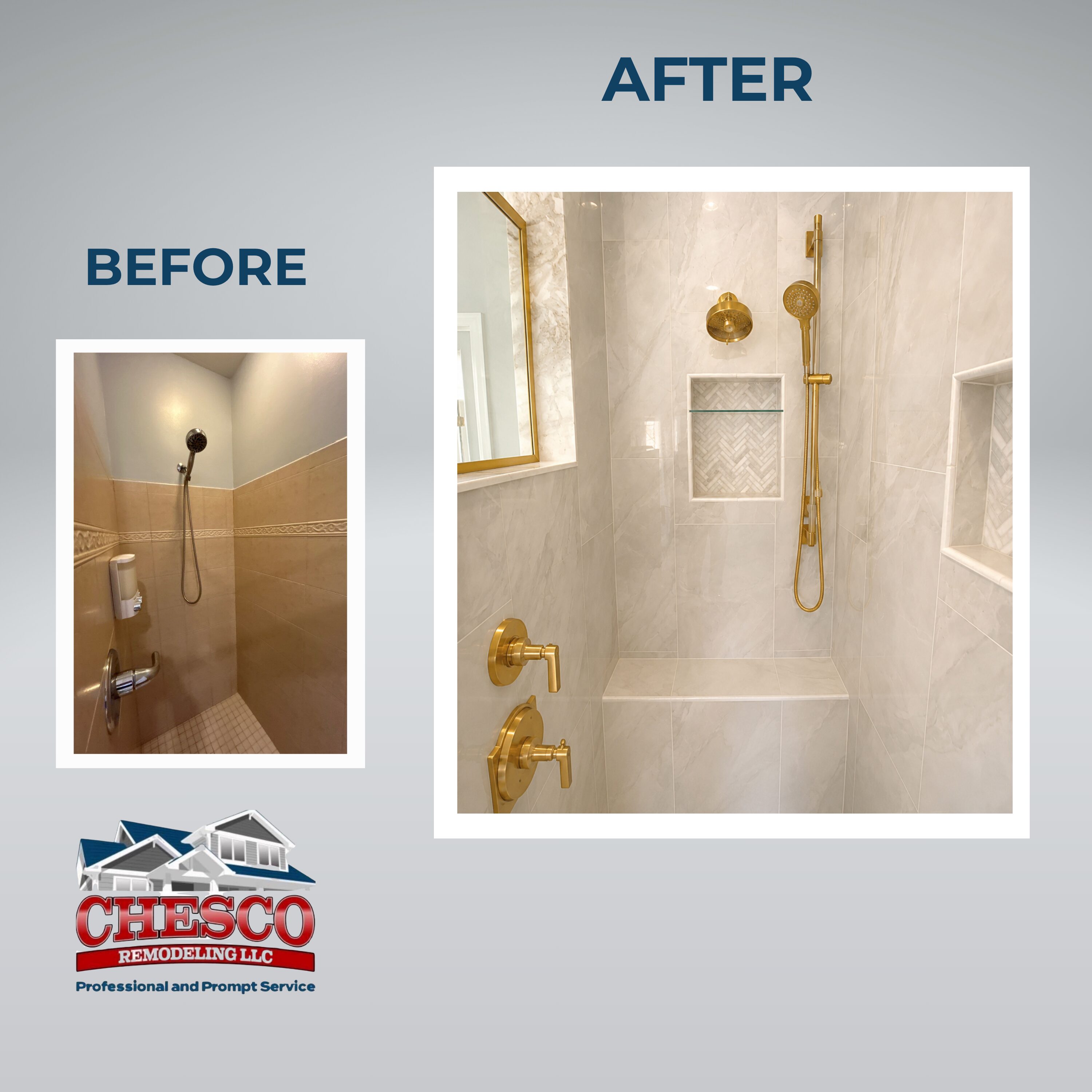 Shower remodel before and after with gold fixtures