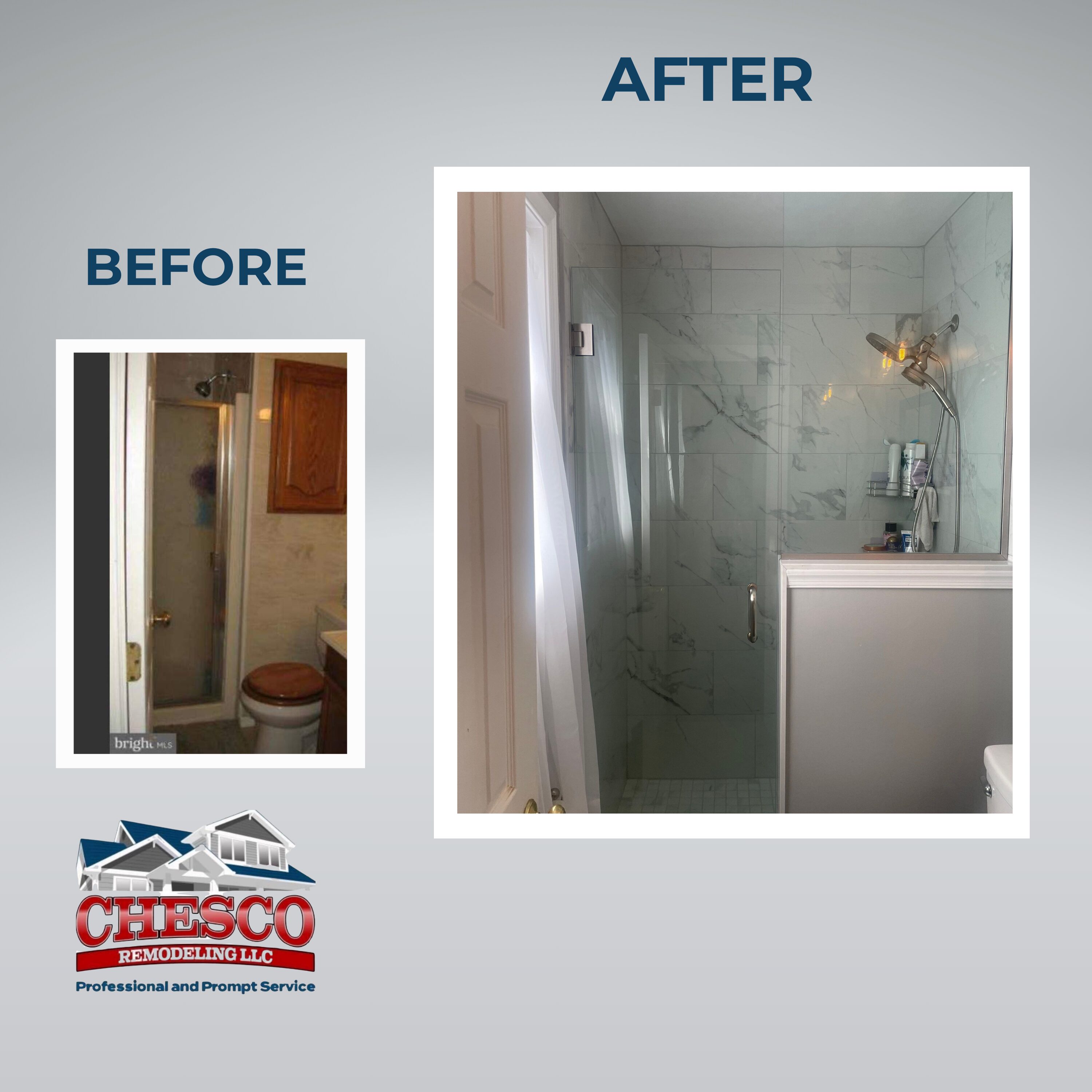 Small glass shower with marble tile