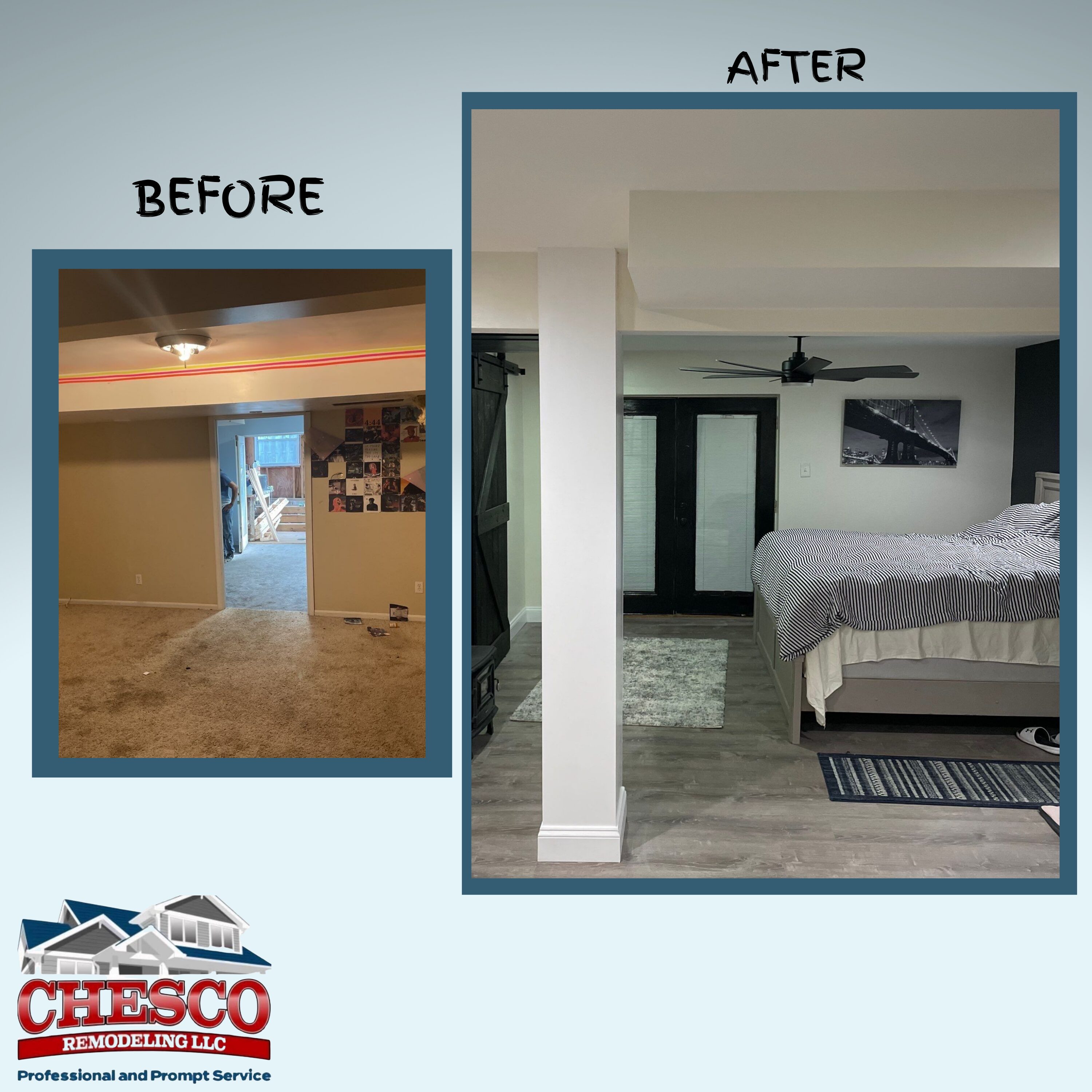 Basement bedroom before and after remodel