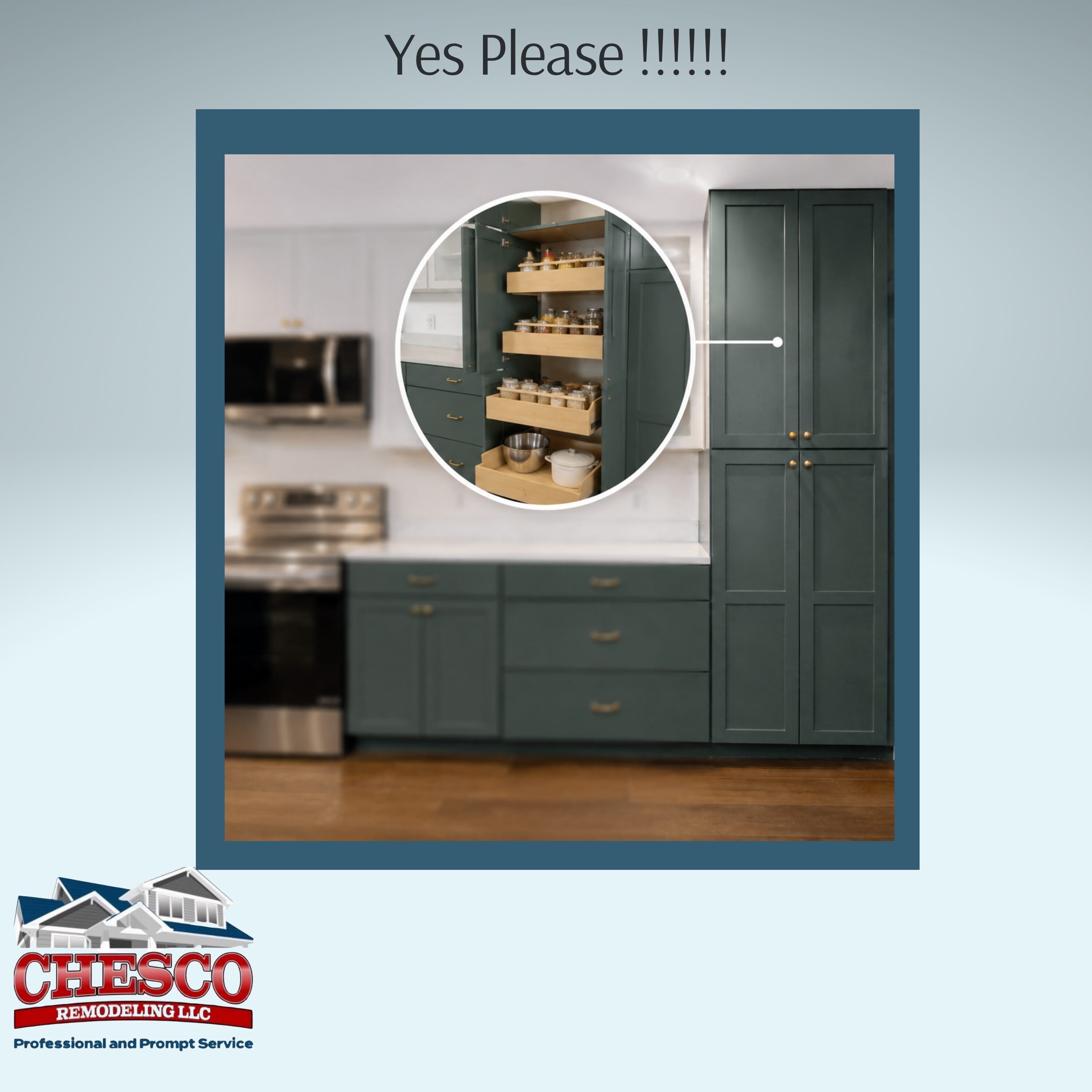 Green kitchen cabinets with pull-out pantry