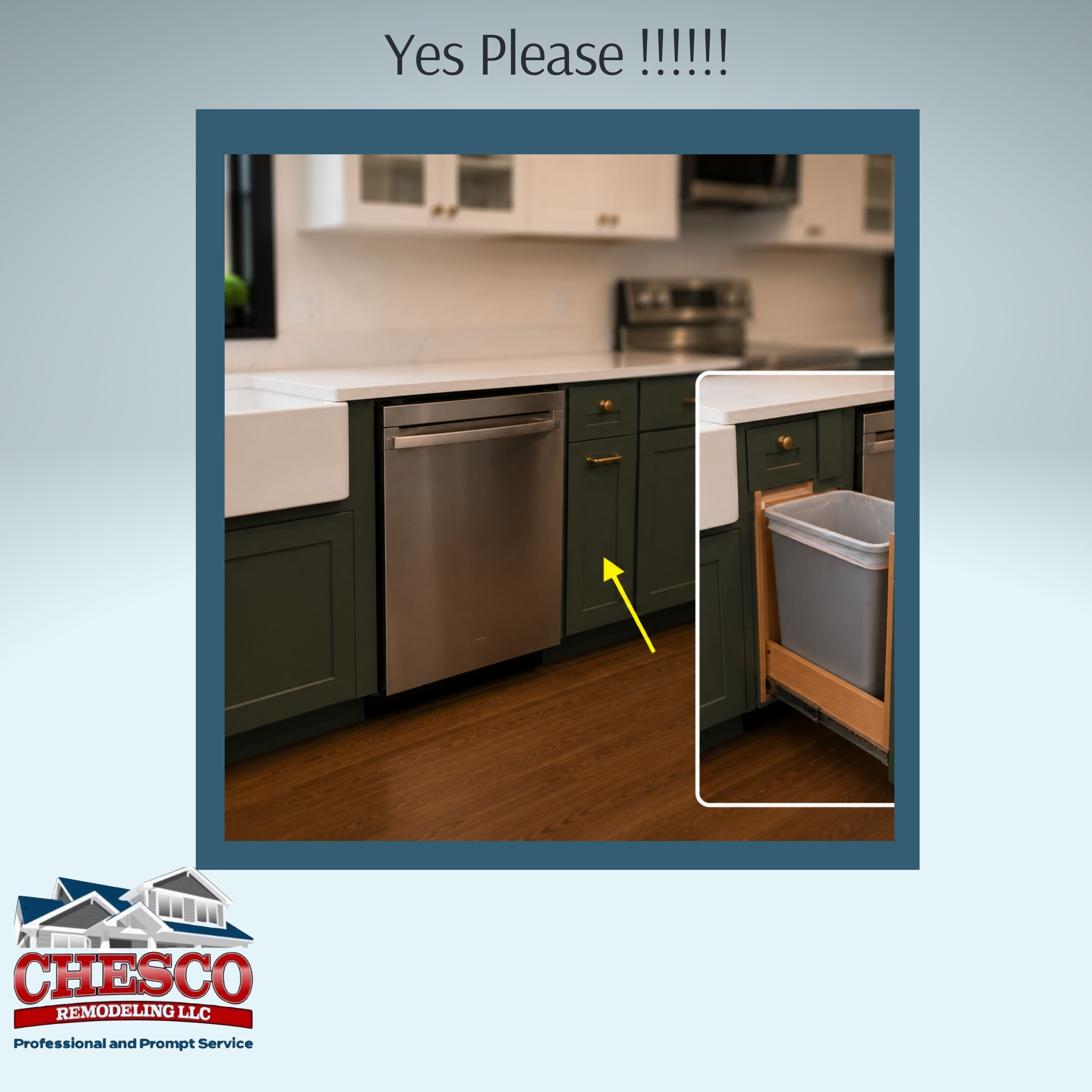 Green cabinets with stainless dishwasher and pull-out trash