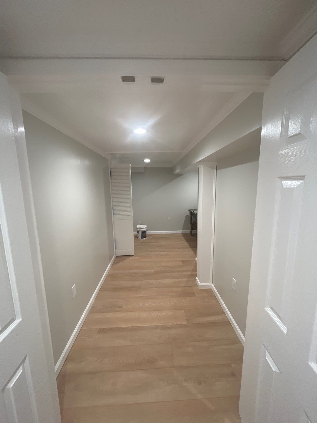 Finished basement hallway with wood flooring